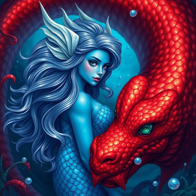 A stunning female blue merfolk with beautiful, shimmering scales, her fish-like ears elegantly protruding from her long wavy hair