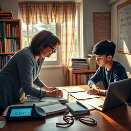 A realistic and inviting image of a cozy study room where a friendly tutor is giving a private mathematics lesson to an engaged student