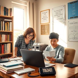 A realistic and inviting image of a cozy study room where a friendly tutor is giving a private mathematics lesson to an engaged student