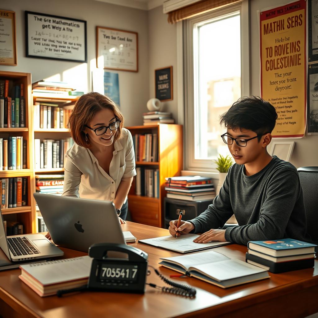 A realistic and inviting image of a cozy study room where a friendly tutor is giving a private mathematics lesson to an engaged student