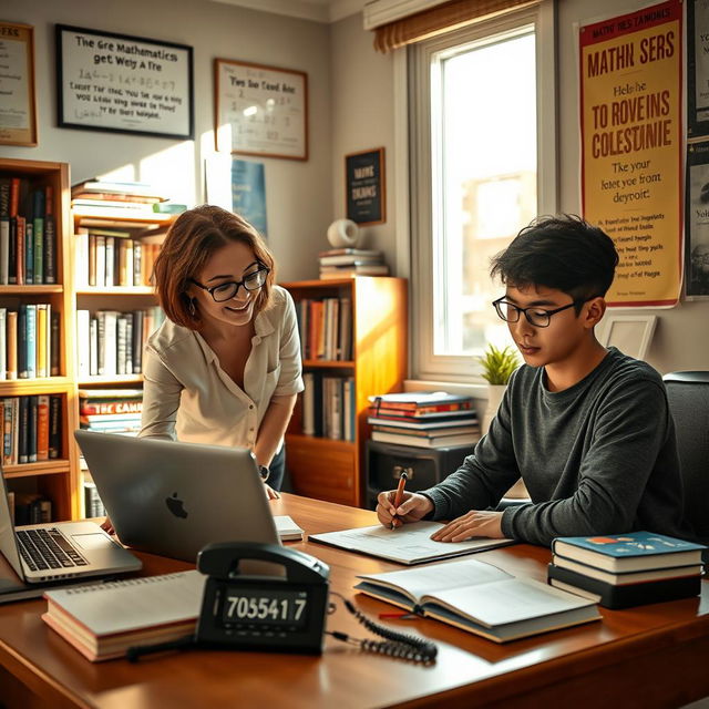 A realistic and inviting image of a cozy study room where a friendly tutor is giving a private mathematics lesson to an engaged student