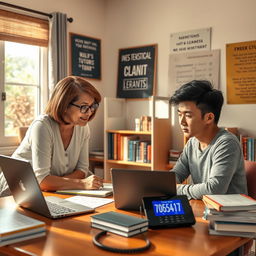 A realistic and inviting image of a cozy study room where a friendly tutor is giving a private mathematics lesson to an engaged student