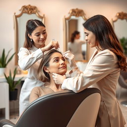 A serene beauty salon scene where a professional cosmetologist is giving a client a Botox treatment