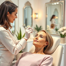 A serene beauty salon scene where a professional cosmetologist is giving a client a Botox treatment