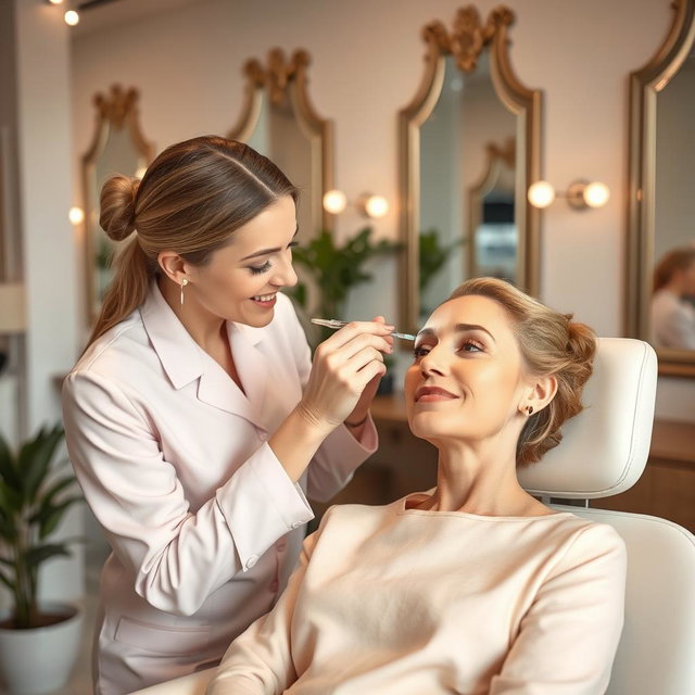 A serene beauty salon scene where a professional cosmetologist is giving a client a Botox treatment