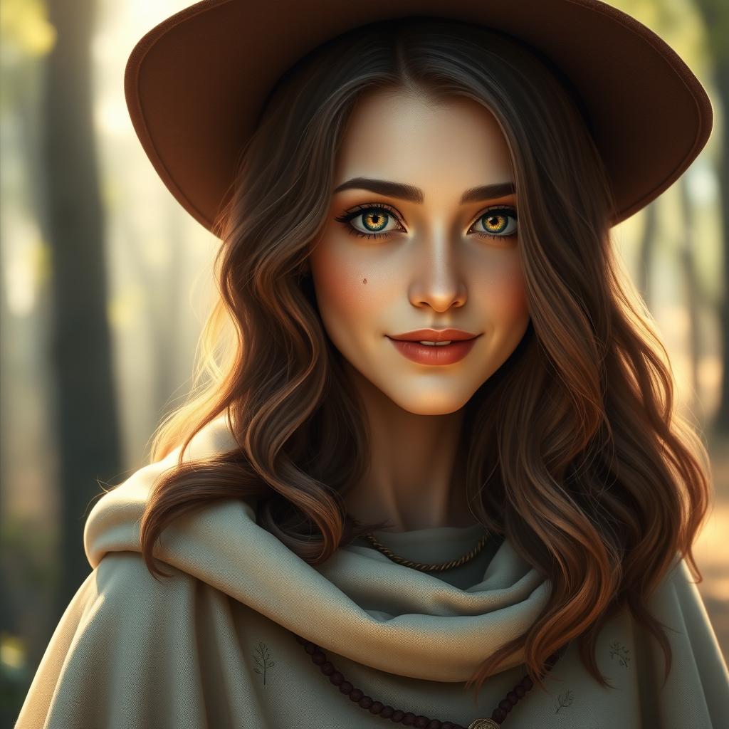 A good witch with a beautiful face, showcasing wavy medium-length brown hair that cascades down her shoulders, and bright light brown eyes that sparkle with kindness