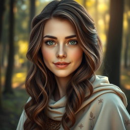 A good witch with a beautiful face, showcasing wavy medium-length brown hair that cascades down her shoulders, and bright light brown eyes that sparkle with kindness