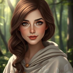 A good witch with a beautiful face, showcasing wavy medium-length brown hair that cascades down her shoulders, and bright light brown eyes that sparkle with kindness