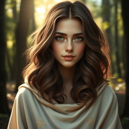 A good witch with a beautiful face, showcasing wavy medium-length brown hair that cascades down her shoulders, and bright light brown eyes that sparkle with kindness