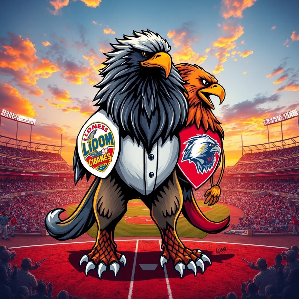 A majestic and powerful hybrid creature that combines the fierce features of an eagle and the strong presence of a lion, symbolizing the rivalry and spirit of the LIDOM baseball teams: Leones del Escogido and Águilas Cibaeñas