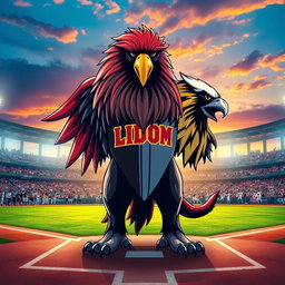 A majestic and powerful hybrid creature that combines the fierce features of an eagle and the strong presence of a lion, symbolizing the rivalry and spirit of the LIDOM baseball teams: Leones del Escogido and Águilas Cibaeñas