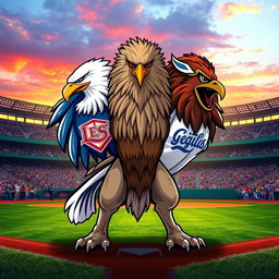A majestic and powerful hybrid creature that combines the fierce features of an eagle and the strong presence of a lion, symbolizing the rivalry and spirit of the LIDOM baseball teams: Leones del Escogido and Águilas Cibaeñas