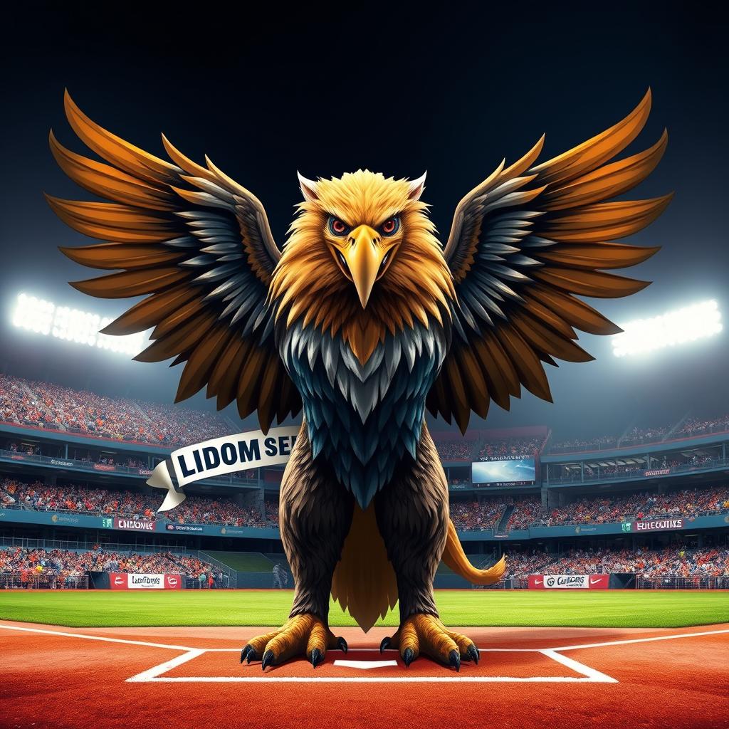 A stunning and powerful hybrid creature that merges the fierce characteristics of an eagle and the majestic presence of a lion, symbolizing the rivalry and pride of LIDOM baseball teams: Leones del Escogido and Águilas Cibaeñas