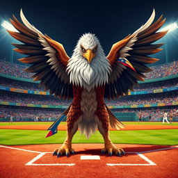 A stunning and powerful hybrid creature that merges the fierce characteristics of an eagle and the majestic presence of a lion, symbolizing the rivalry and pride of LIDOM baseball teams: Leones del Escogido and Águilas Cibaeñas