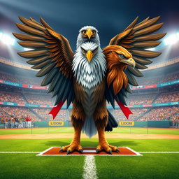 A stunning and powerful hybrid creature that merges the fierce characteristics of an eagle and the majestic presence of a lion, symbolizing the rivalry and pride of LIDOM baseball teams: Leones del Escogido and Águilas Cibaeñas