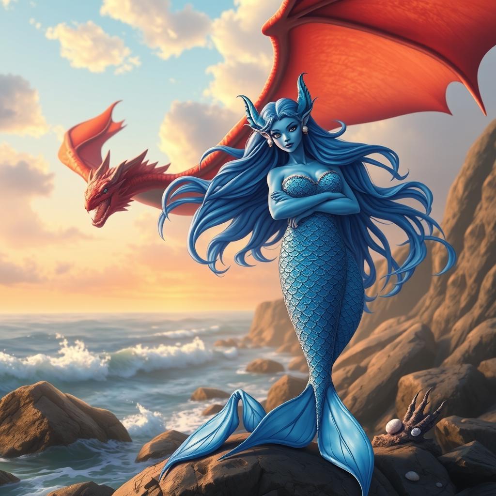 A stunning female blue merfolk with vibrant scales and elaborate fish ears, standing confidently on a rocky shoreline