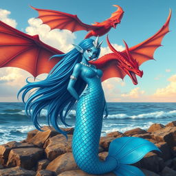 A stunning female blue merfolk with vibrant scales and elaborate fish ears, standing confidently on a rocky shoreline