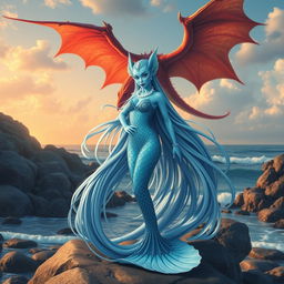 A stunning female blue merfolk with vibrant scales and elaborate fish ears, standing confidently on a rocky shoreline