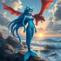 A stunning female blue merfolk with vibrant scales and elaborate fish ears, standing confidently on a rocky shoreline