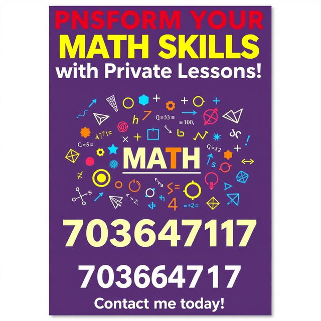 A vibrant poster announcing private mathematics lessons, featuring a bold, eye-catching title at the top: 'Transform Your Math Skills with Private Lessons!' Below the title, in a smaller yet clear font, is a brief description stating: 'Personalized tutoring designed to help you excel in mathematics