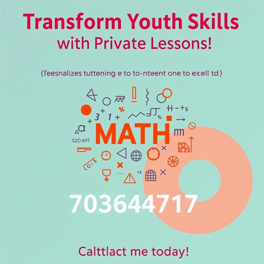 A vibrant poster announcing private mathematics lessons, featuring a bold, eye-catching title at the top: 'Transform Your Math Skills with Private Lessons!' Below the title, in a smaller yet clear font, is a brief description stating: 'Personalized tutoring designed to help you excel in mathematics