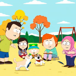 A vibrant and humorous scene drawn in South Park style, featuring characters inspired by a diverse group of people enjoying a sunny day in a park