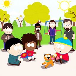 A vibrant and humorous scene drawn in South Park style, featuring characters inspired by a diverse group of people enjoying a sunny day in a park