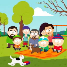 A vibrant and humorous scene drawn in South Park style, featuring characters inspired by a diverse group of people enjoying a sunny day in a park