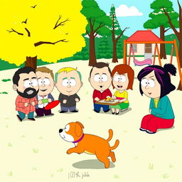 A vibrant and humorous scene drawn in South Park style, featuring characters inspired by a diverse group of people enjoying a sunny day in a park