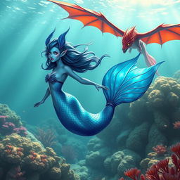 A female blue merfolk with vibrant fish ears, showcasing graceful aquatic features, swimming elegantly through a fantastical underwater setting