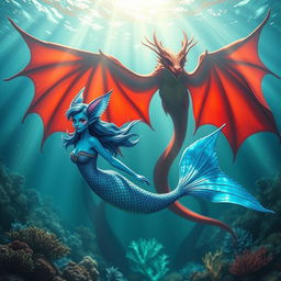 A female blue merfolk with vibrant fish ears, showcasing graceful aquatic features, swimming elegantly through a fantastical underwater setting
