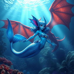 A female blue merfolk with vibrant fish ears, showcasing graceful aquatic features, swimming elegantly through a fantastical underwater setting