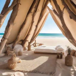 A breathtaking architectural tent, crafted intricately from pieces of driftwood and set on a serene, sandy beach with a gently lapping ocean in the backdrop.