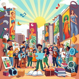 A vibrant and colorful cartoon poster as a tribute to national artists, featuring iconic symbols of art such as paintbrushes, palettes, musical notes, and sculpture tools