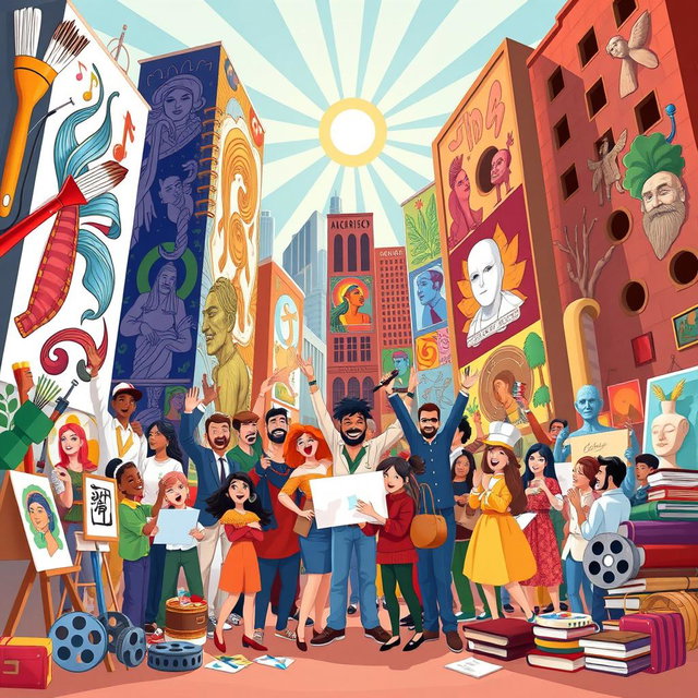 A vibrant and colorful cartoon poster as a tribute to national artists, featuring iconic symbols of art such as paintbrushes, palettes, musical notes, and sculpture tools