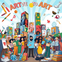 A vibrant and colorful cartoon poster as a tribute to national artists, featuring iconic symbols of art such as paintbrushes, palettes, musical notes, and sculpture tools