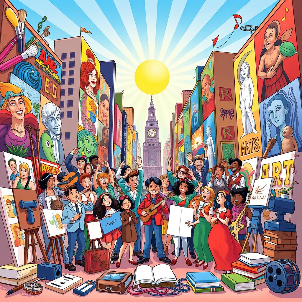 A vibrant and colorful cartoon poster as a tribute to national artists, featuring iconic symbols of art such as paintbrushes, palettes, musical notes, and sculpture tools