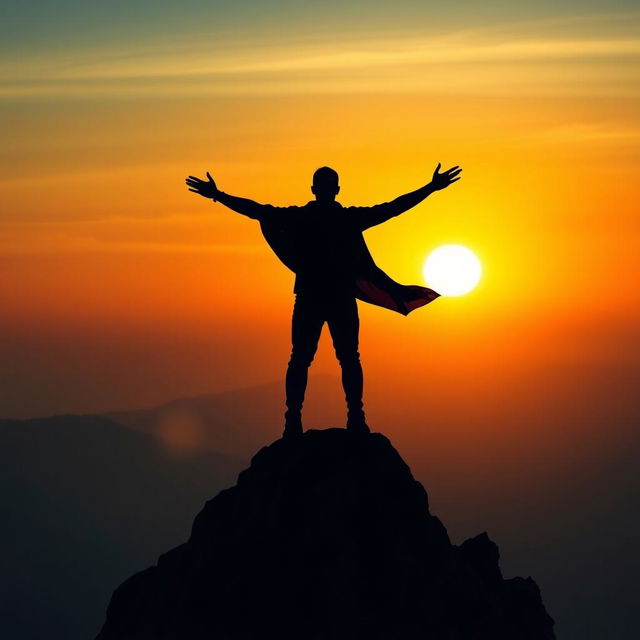 A stylized figure of a person standing with their back facing the viewer, atop a tall, rocky mountain