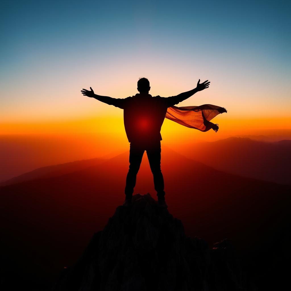 A stylized figure of a person standing with their back facing the viewer, atop a tall, rocky mountain