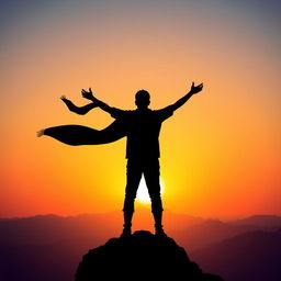 A stylized figure of a person standing with their back facing the viewer, atop a tall, rocky mountain