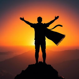 A stylized figure of a person standing with their back facing the viewer, atop a tall, rocky mountain