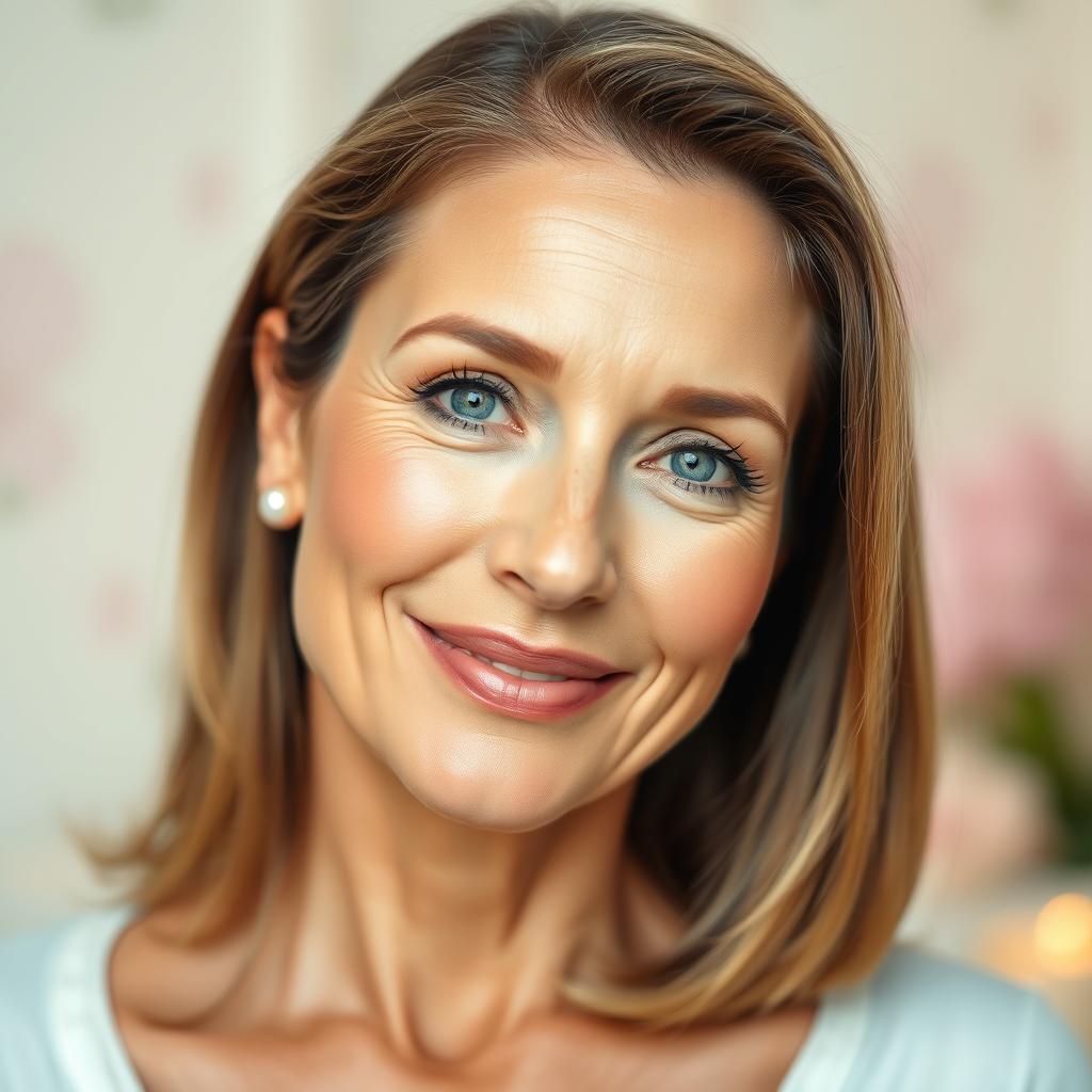 A close-up portrait of a beautiful middle-aged woman with smooth, wrinkle-free skin, showcasing the effects of Botox