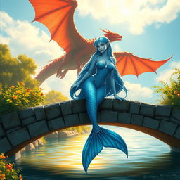 A beautiful female blue merfolk with fish ears, gracefully perched on a bridge over a serene waterway