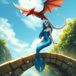 A beautiful female blue merfolk with fish ears, gracefully perched on a bridge over a serene waterway