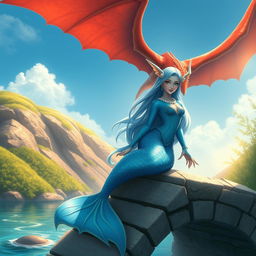 A beautiful female blue merfolk with fish ears, gracefully perched on a bridge over a serene waterway