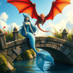 A beautiful female blue merfolk with fish ears, gracefully perched on a bridge over a serene waterway