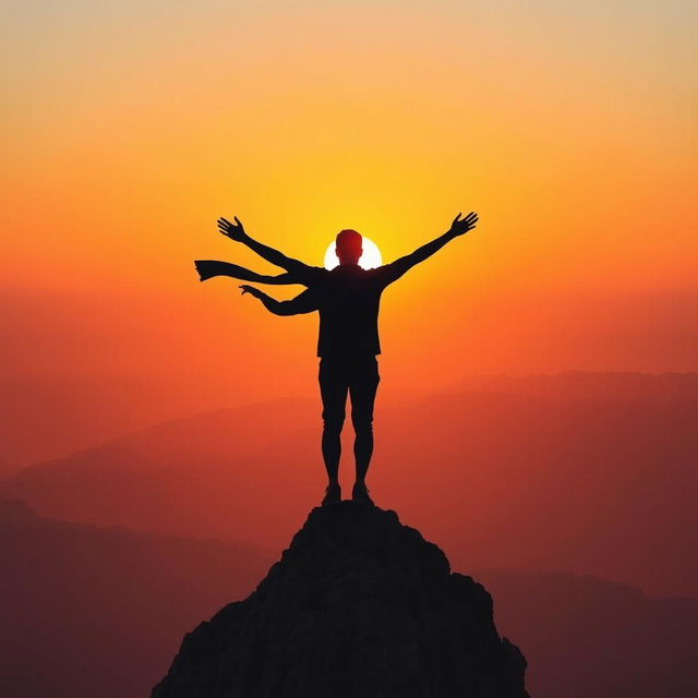 A stylized figure of a person standing with their back to the viewer on top of a tall, rocky mountain
