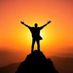 A stylized figure of a person standing with their back to the viewer on top of a tall, rocky mountain