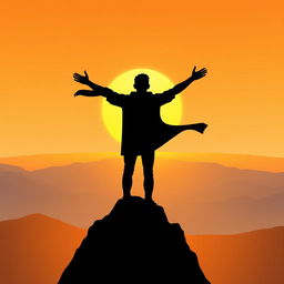 A stylized figure of a person standing with their back to the viewer on top of a tall, rocky mountain