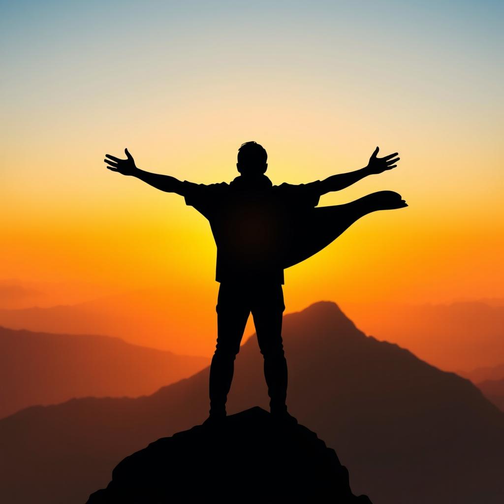 A stylized figure of a person standing with their back to the viewer on top of a tall, rocky mountain